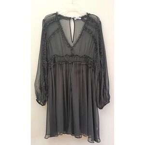 Sheer Black Chiffon Silk Babydoll Mini Dress V-Neck Long Sleeve Size 4 Cover Up